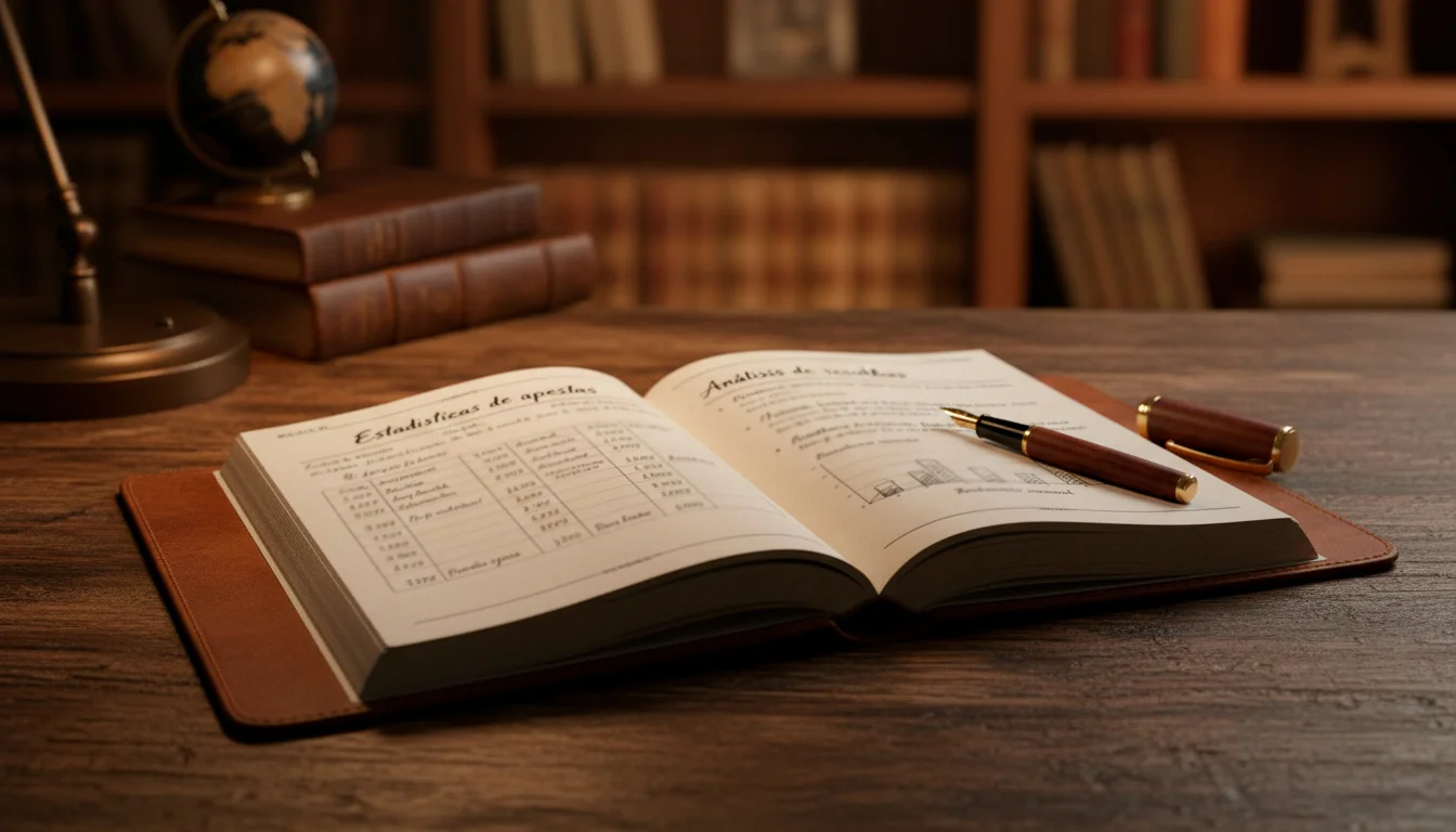 Cuaderno con notas de apuestas y un bolígrafo sobre una mesa con luz tenue