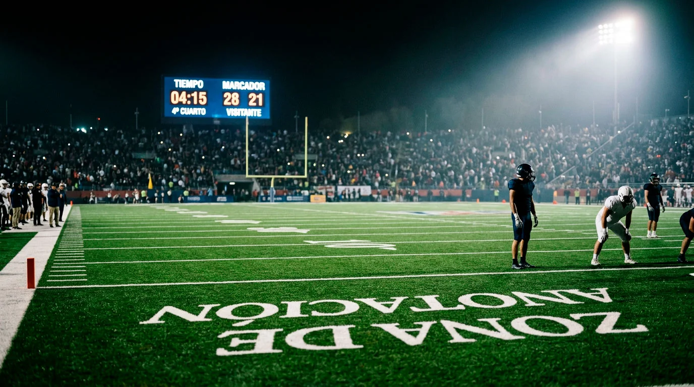 Campo de fútbol americano con líneas de yardas iluminadas bajo las luces del estadio durante un partido nocturno de la NFL
