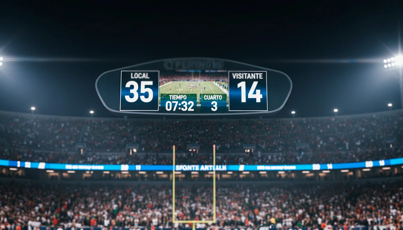 Marcador electronico de estadio NFL mostrando puntuacion del partido