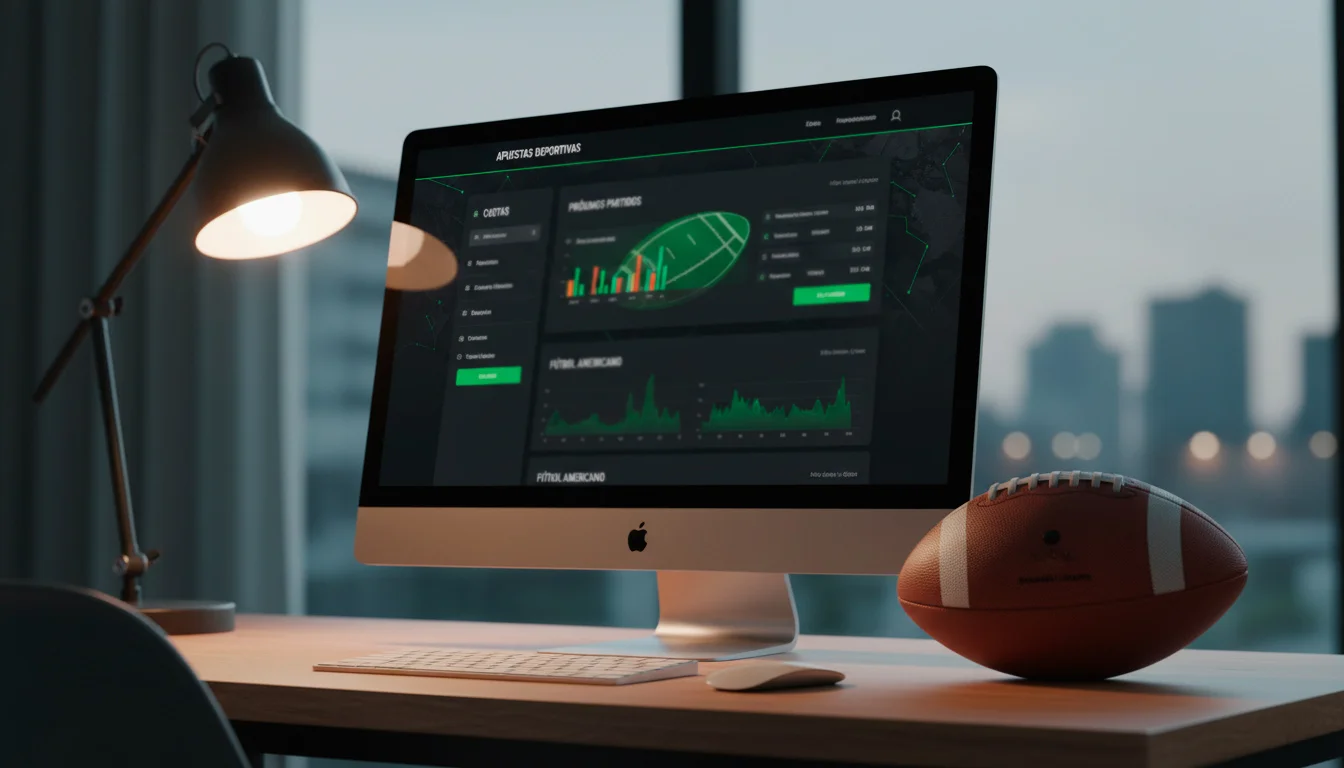 Pantalla mostrando líneas de apuestas NFL con momios y spreads junto a un balón de fútbol americano