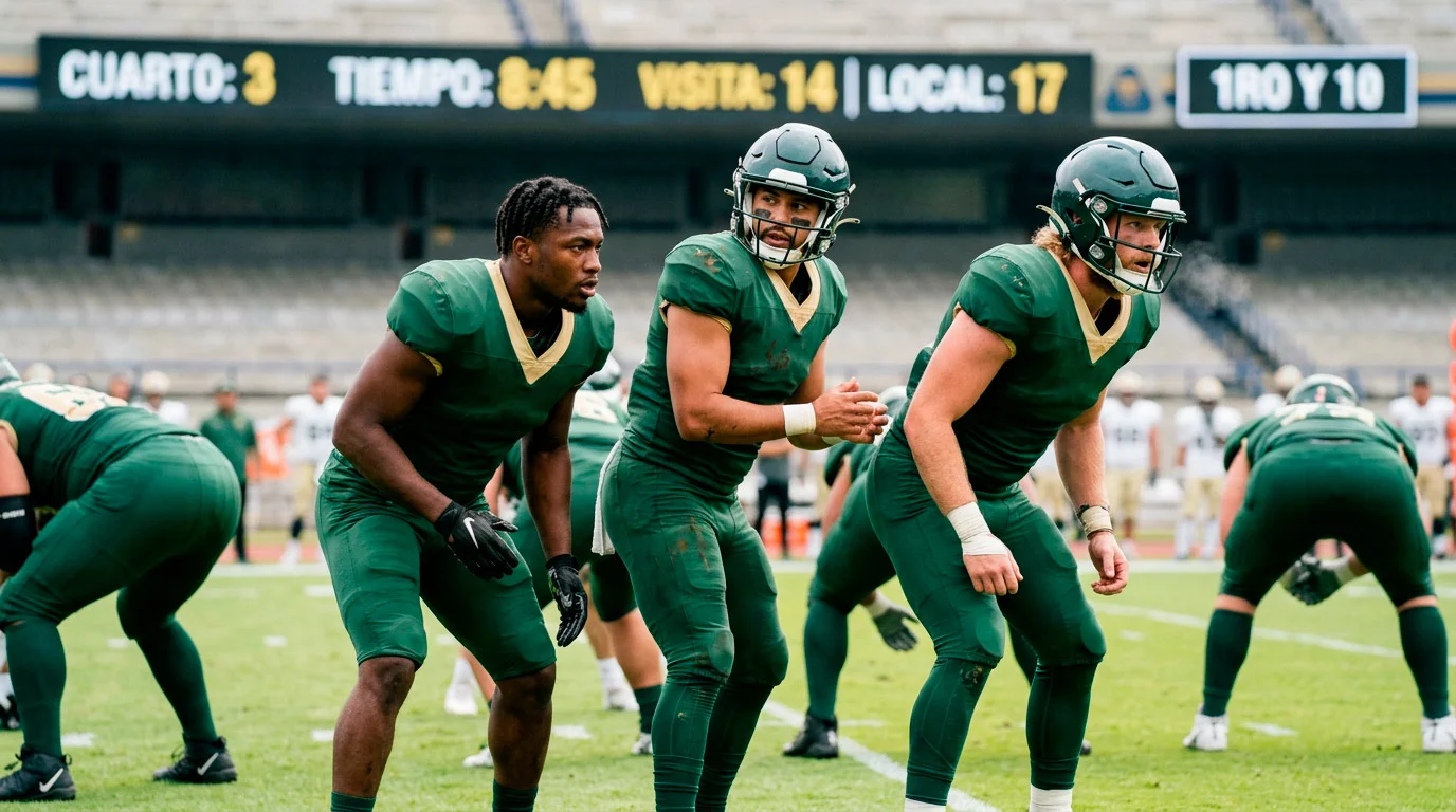 Varios running backs de futbol americano en formacion esperando el balon