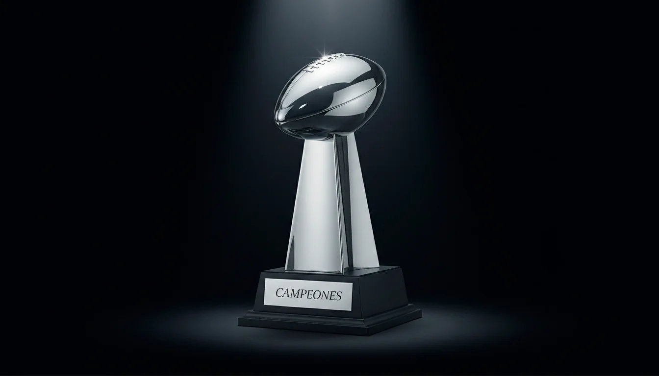 Trofeo Vince Lombardi del Super Bowl iluminado sobre un fondo oscuro del estadio